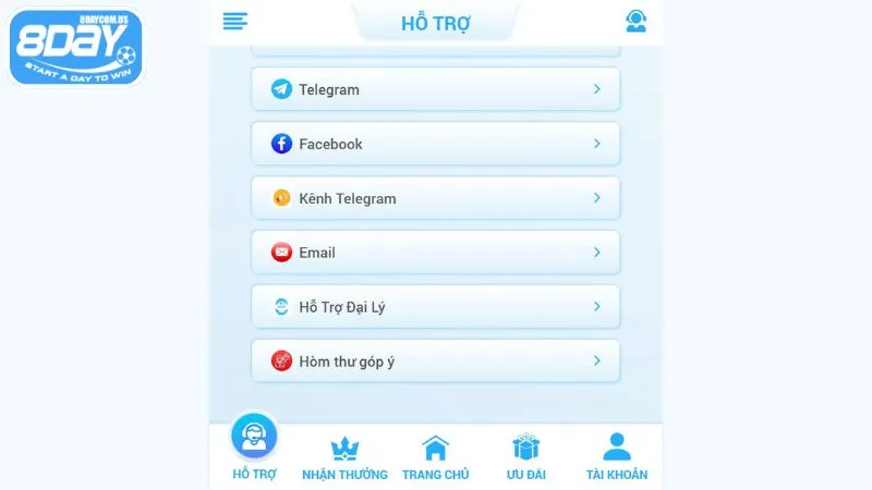 liên hệ 1 8Day hỗ trợ người chơi qua nhiều phương thức